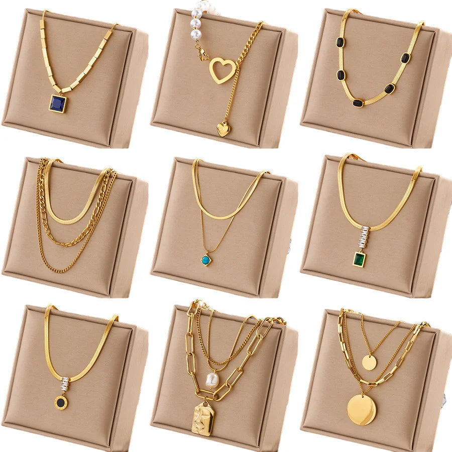 18K Gold Plated Stainless Steel Gold Plated Jewelry Wholesale Waterproof Women Accessories Geometric Pendant Layered Necklace