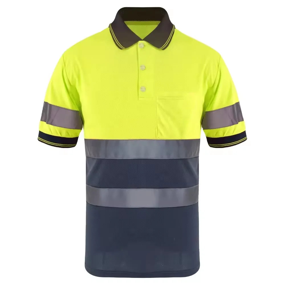 Elegant Fluorescent Color Contrast Security Reflective Polo Shirt Breathable Bird Eye Fashion Safety T Shirt
