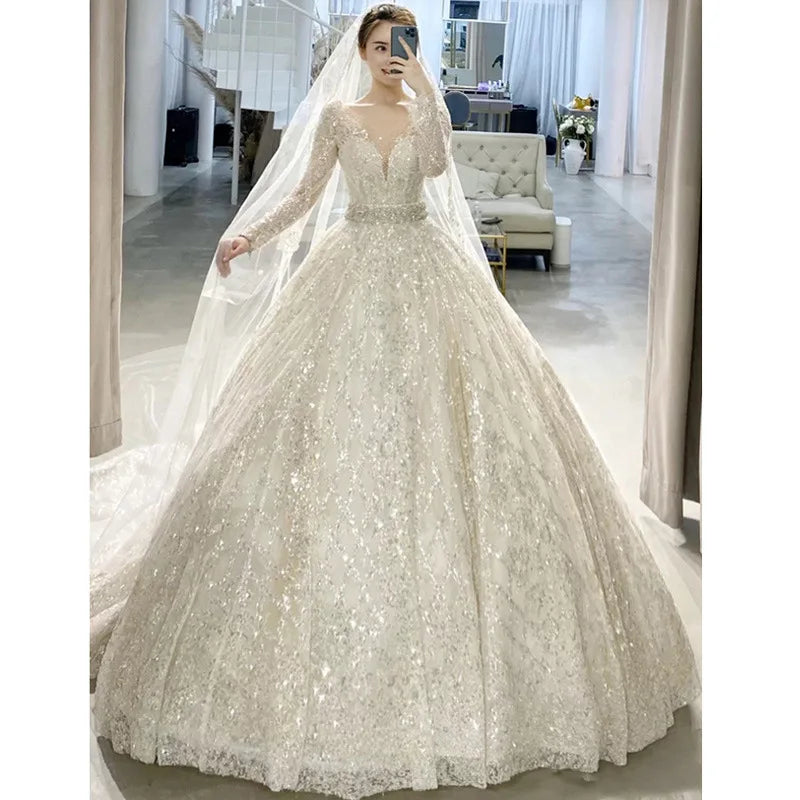 AL1044 2025 Modest Luxury Wedding Dress Elegant Bridal Gown with Trailing Long Sleeves Plus Size