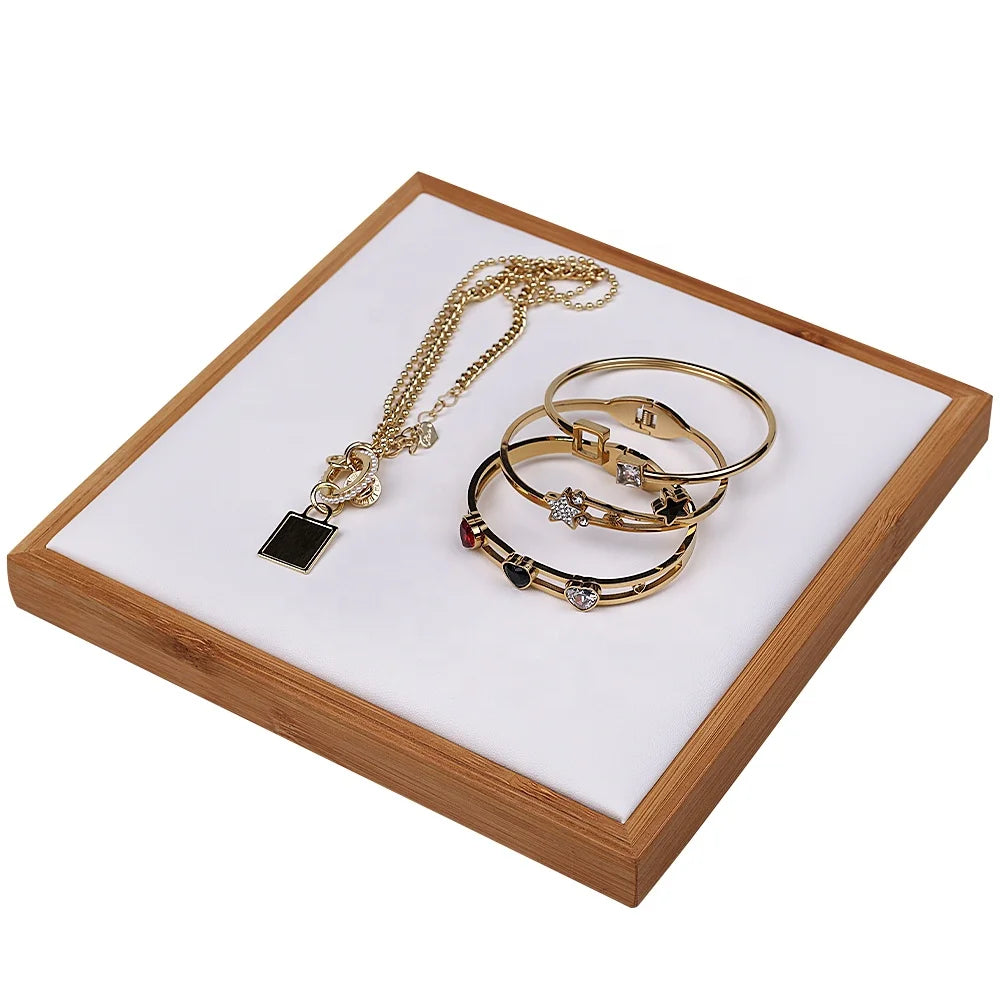 Hot Sale Luxury Bamboo White PU Leather Bracelet Earrings Wood Jewelry Stand Rack Display Stand Holder