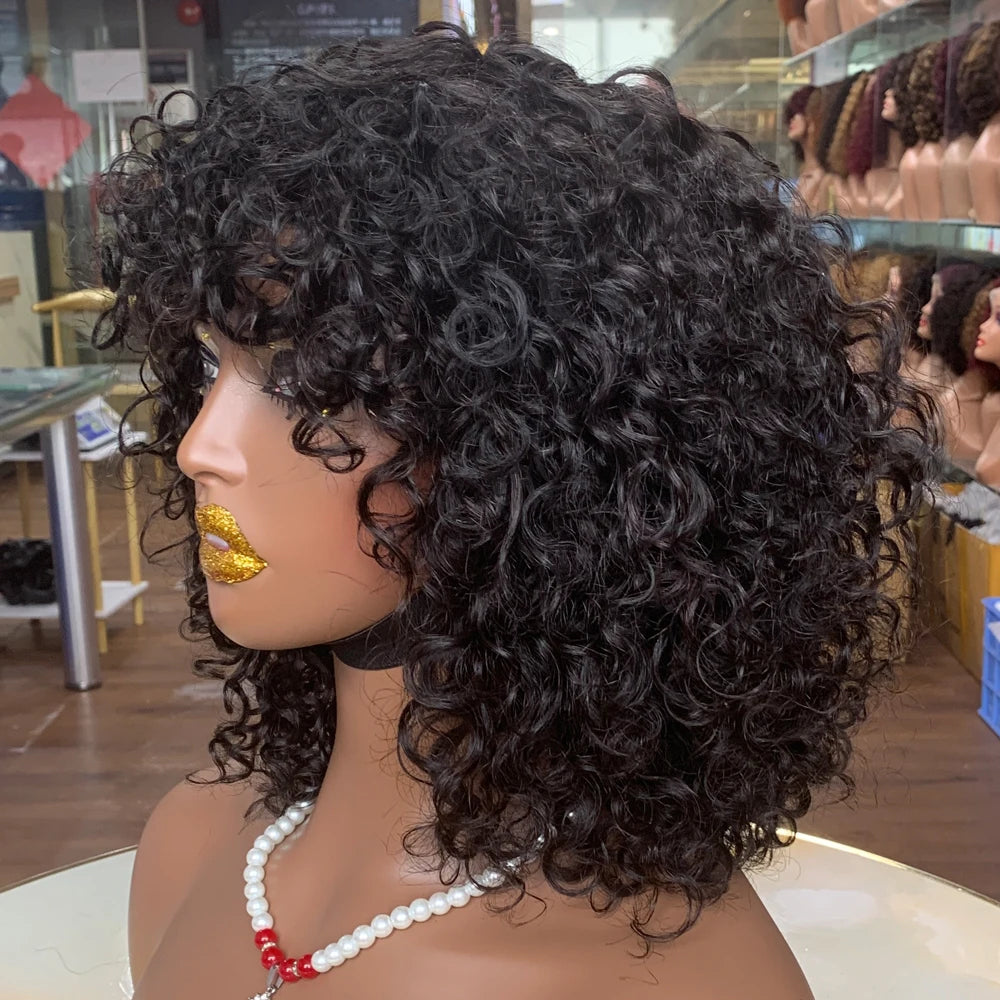 Glueless Brazilian Short Bob Wig With Bangs Bang Luxury Curly Wig #99J Cheap Curly Human Hair Bang Wig No Lace Human Hair Wigs