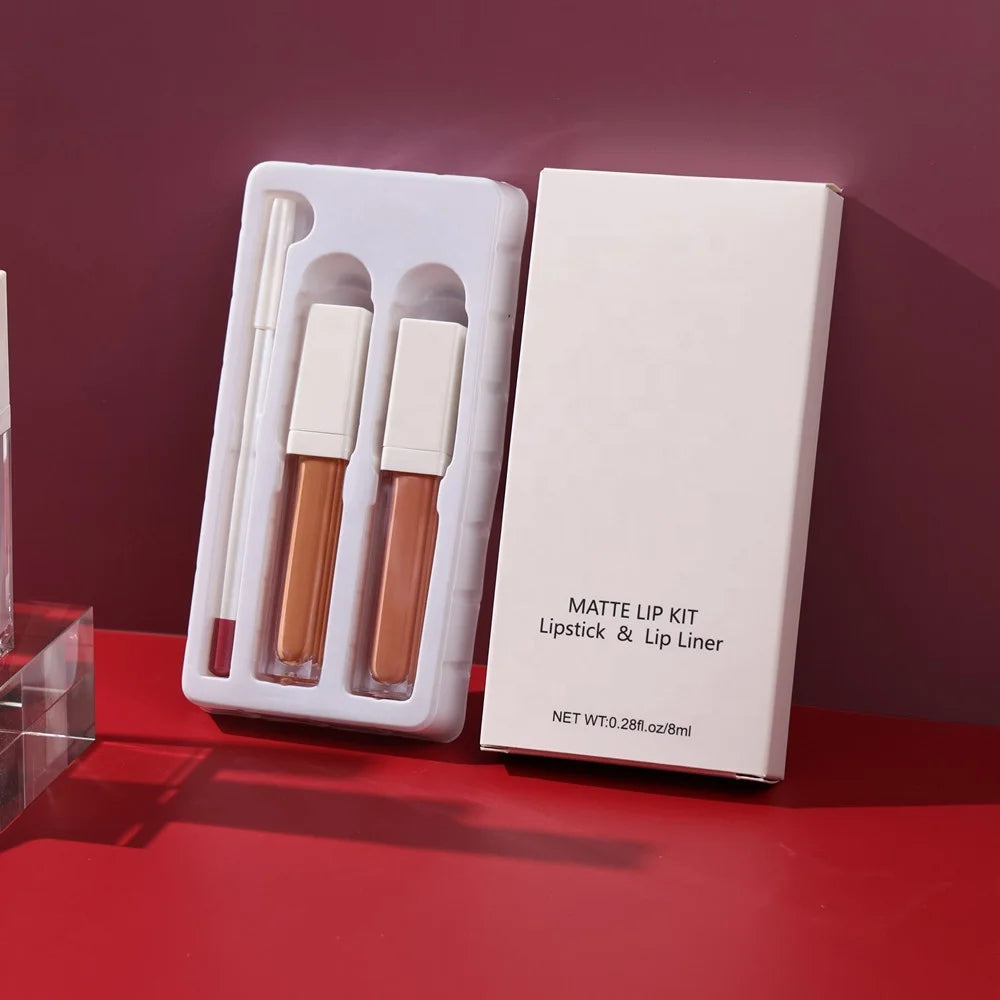 Wholesale Cosmetics Creamy Vegan Mat 1 Lip Liner and 2 Gloss Box Kit Private Label Lip Liner and Liquid Lipstick Set