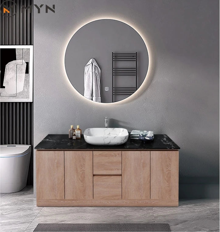European Australian Style  Washroom Modern Bathroom Black Marble Sintered Stone Counter Top Ceramic Washbasin  Cabinets  Vanity
