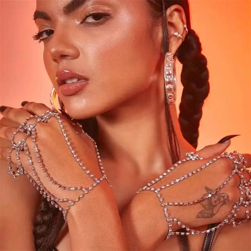 Korean-style Diamond-Encrusted Finger Glove Jewelry Set with Full Water Diamonds Ten-Finger Hand Back Chain Ring