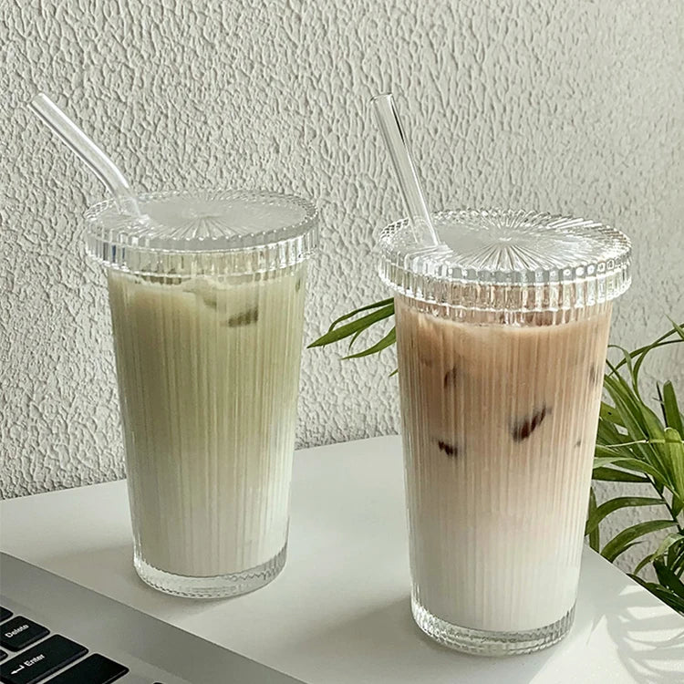 Hot Sale 375ml Transparent Bubble Tea Cup Simple Ribbed Vertical Stripes Glass Cup With Lid and Straw