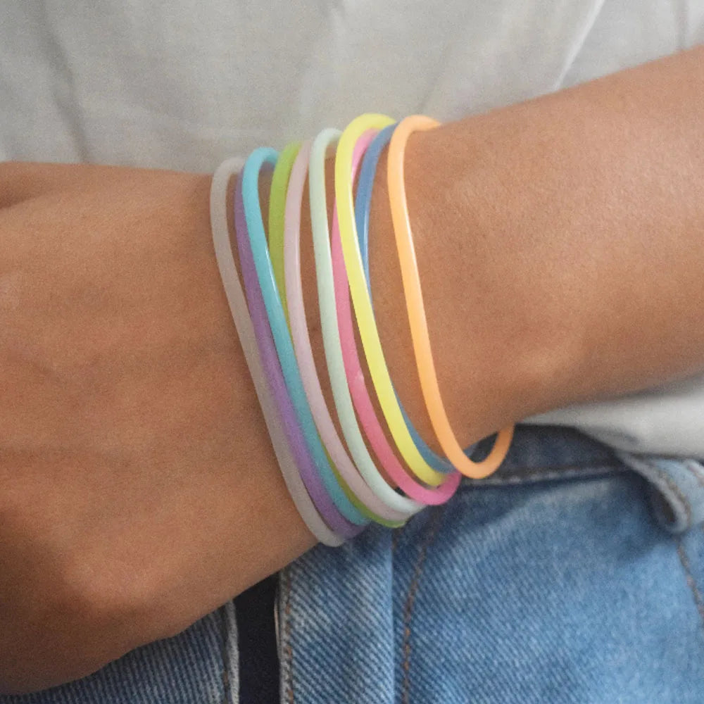 Glitter Luminous Glow in Dark Thin Silicone Rubber Stretch Jelly Gummy Party Assorted Stackable Hair Tie Hand Bracelet Bangle