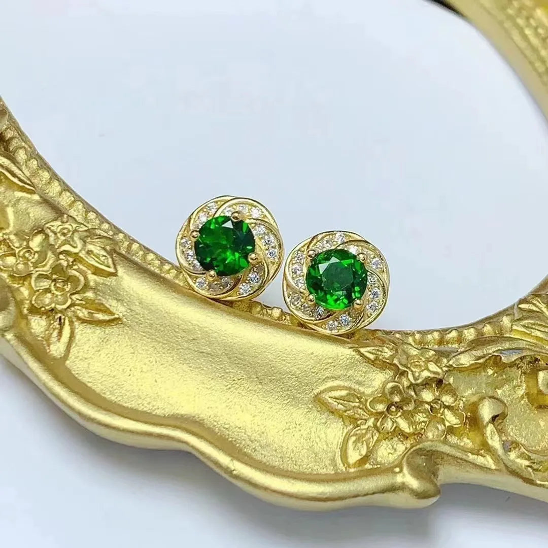 Wholesale Luxury 925 Sterling Silver 18k Gold Plating Natural Diopside Fine Stud Vintage Flower Earrings Jewelry Party Gift