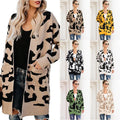 Winter Women Knit Cardigan Sweater Leopard Jacquard Sweater Open Front Coat Outwear With Pockets