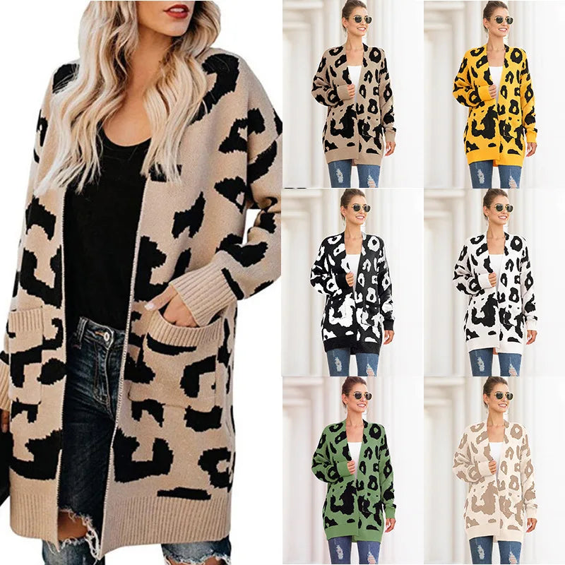 Winter Women Knit Cardigan Sweater Leopard Jacquard Sweater Open Front Coat Outwear With Pockets