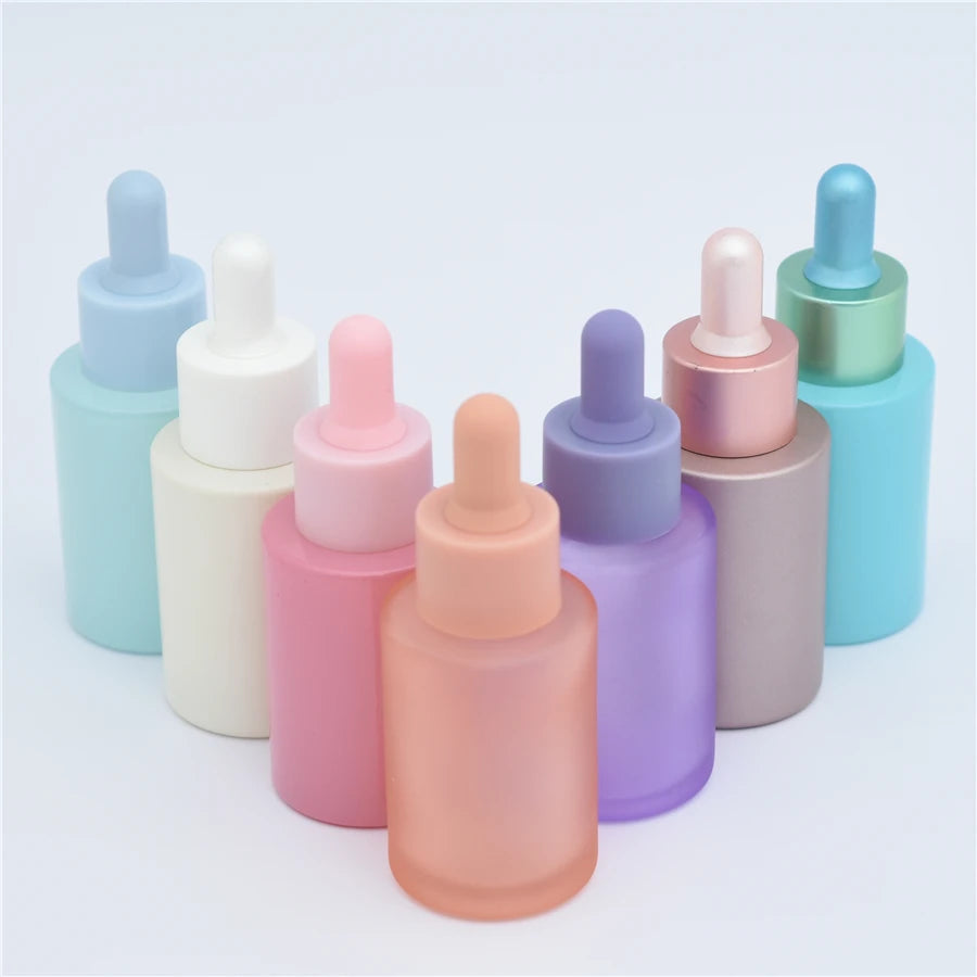 Screen Printing 30ml Flat Shoulder Frosted Pink Yellow Purple Skin Care Serum Bottles