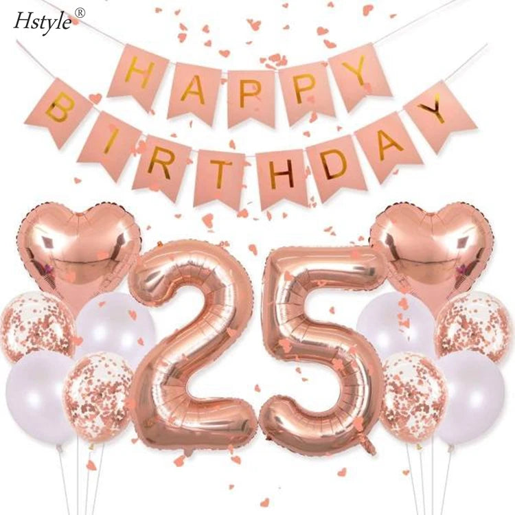 Happy Birthday Banner Rose Gold Number 25 Balloons Rose Gold Confetti Balloons 25th Birthday Party Supplies SET016
