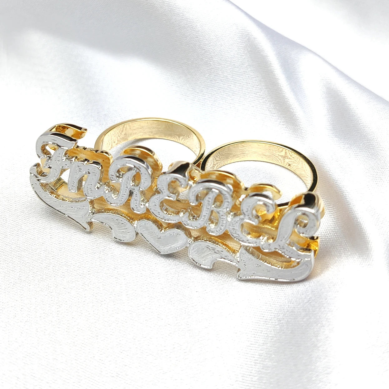 Double Gold Plated 3D Name Ring Personalized Carved Double Finger Name Ring
