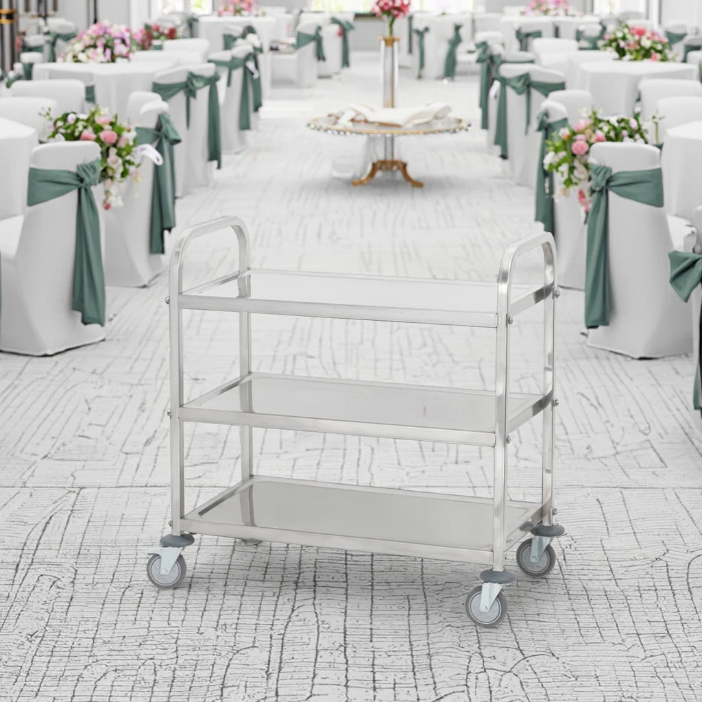 3-Tiers Stainless Steel Dining Trolley Serving Cart Restaurant Trading Square Tube Service Food Trolley Cart for Hotel Use