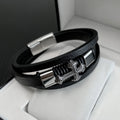 Fashion Men's Jewelry Cross Stainless Steel Bracelet With Magnetic Clasp 10mm Multilayer Genuine Leather Cuff Bracelet PH1495