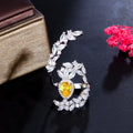 Trendy Shiny Yellow Cubic Zirconia Leaf Shape Big Cocktail Party Engagement Open Rings for Women Luxury CZ Jewelry Accessories