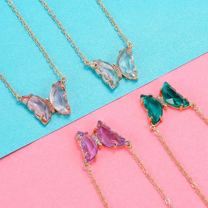 HOVANCI 18K Gold Plated Green Glass Necklace Butterfly Clear Crystal Butterfly Gold Necklace for Women Gift