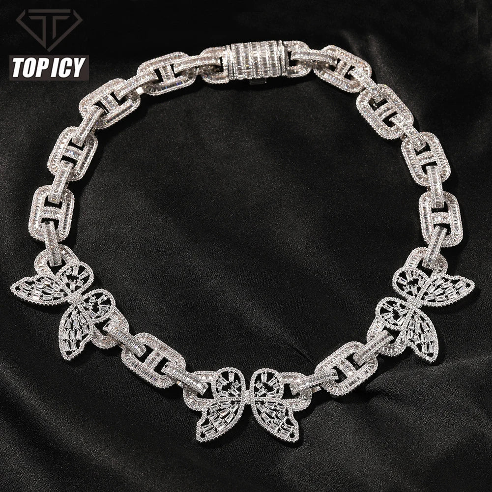 16mm butterfly Women Cuban Link Chain Box Safty Clasp White Gold Plated Full CZ Diamond Iced Out Bling Hip Hop Cuban Chain