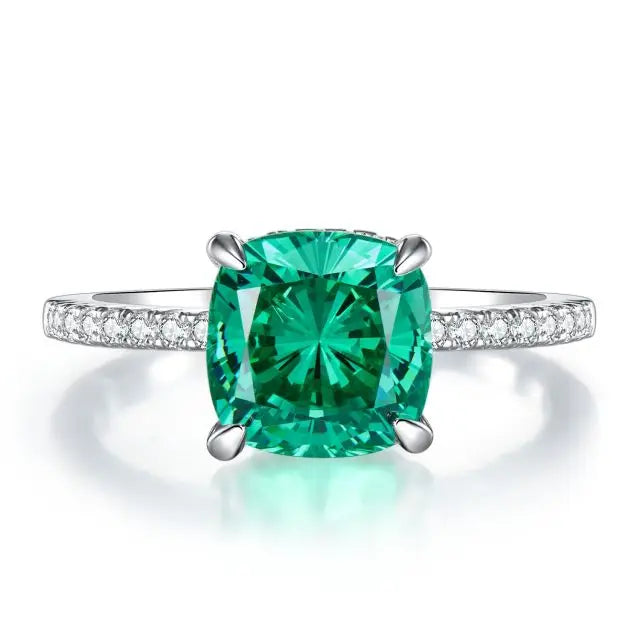 925 Sterling Silver 9mm Emerald Green Square Cushion Cut Cubic Zirconia Ring