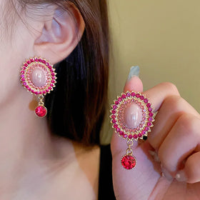 Vintage Pink Acrylic Geometric Earrings Diamond Rhinestone Oval Drop Earrings for Girl