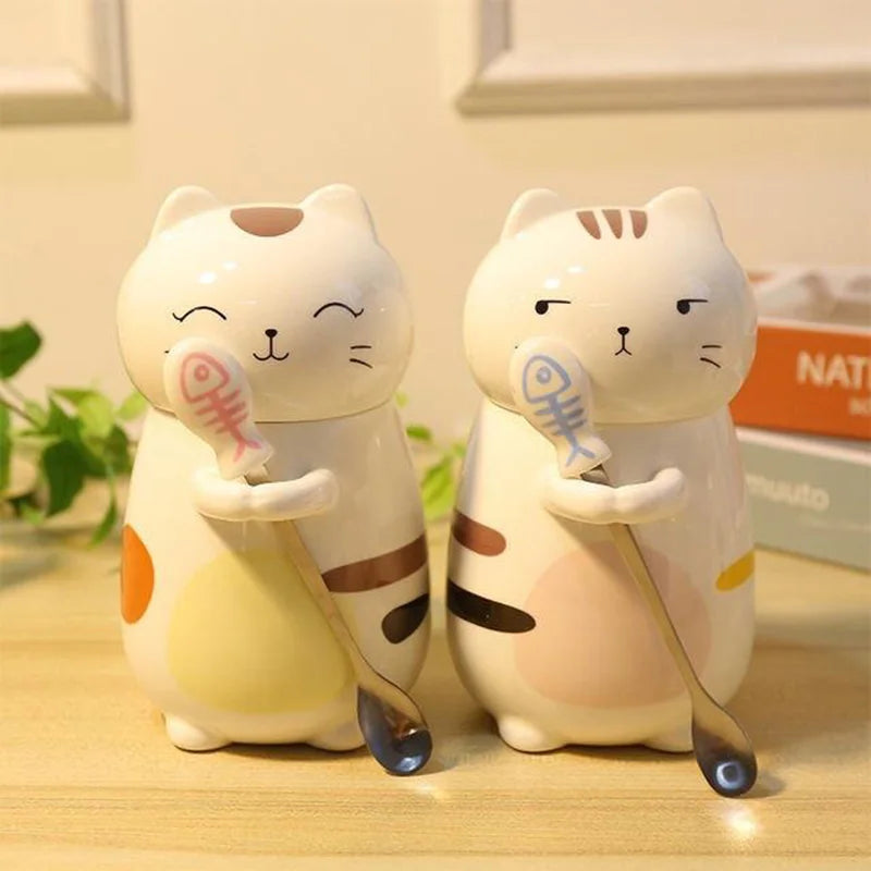 3D Cute Cat Cups Ceramic Mugs with Lid & Spoon Cartoon Style Creative Tea Cup Morning Mug Milk Coffee Unique Cup for Gift