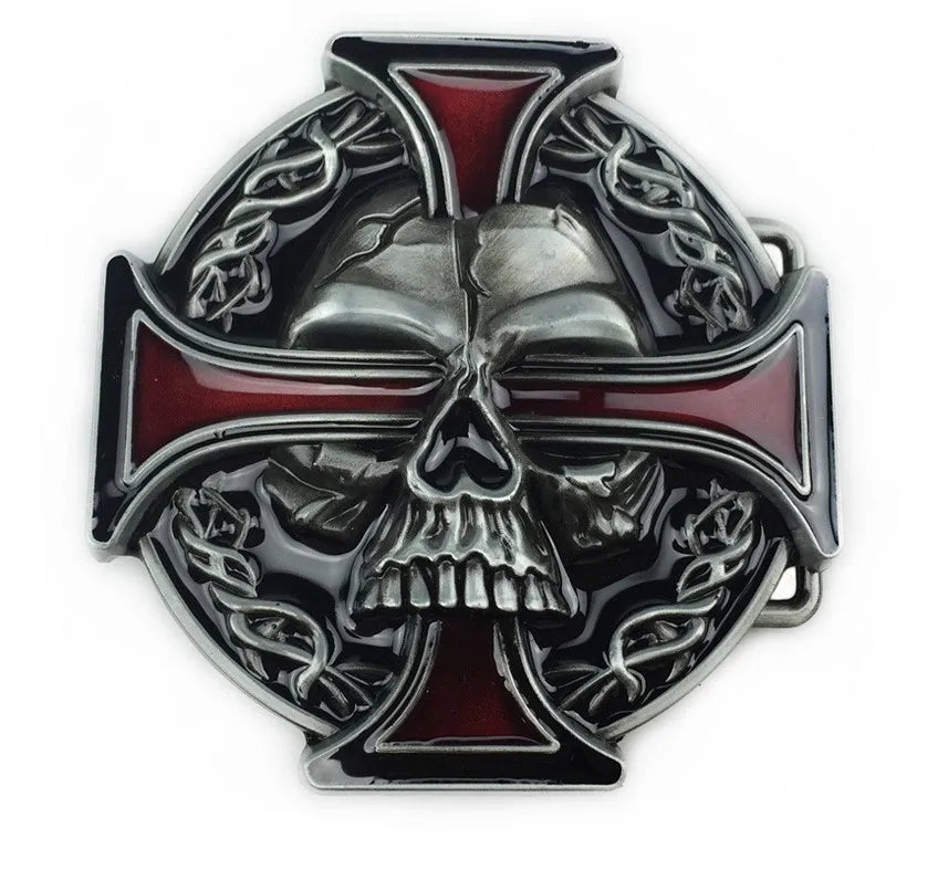 New Vintage Zinc Alloy Skull Red Cross Belt Buckle for Men Western Denim Round Belt Buckle