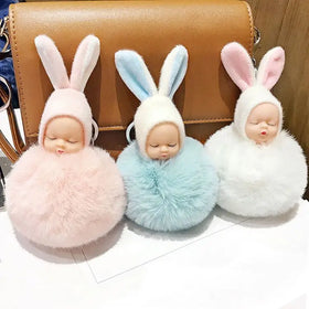 8CM Fashion Colorful Sweet Cute Baby Sleeping Keychain Hair Ball Pendant Fluffy Pom Pom KeyChains Cotton Sleeping Baby Keychain