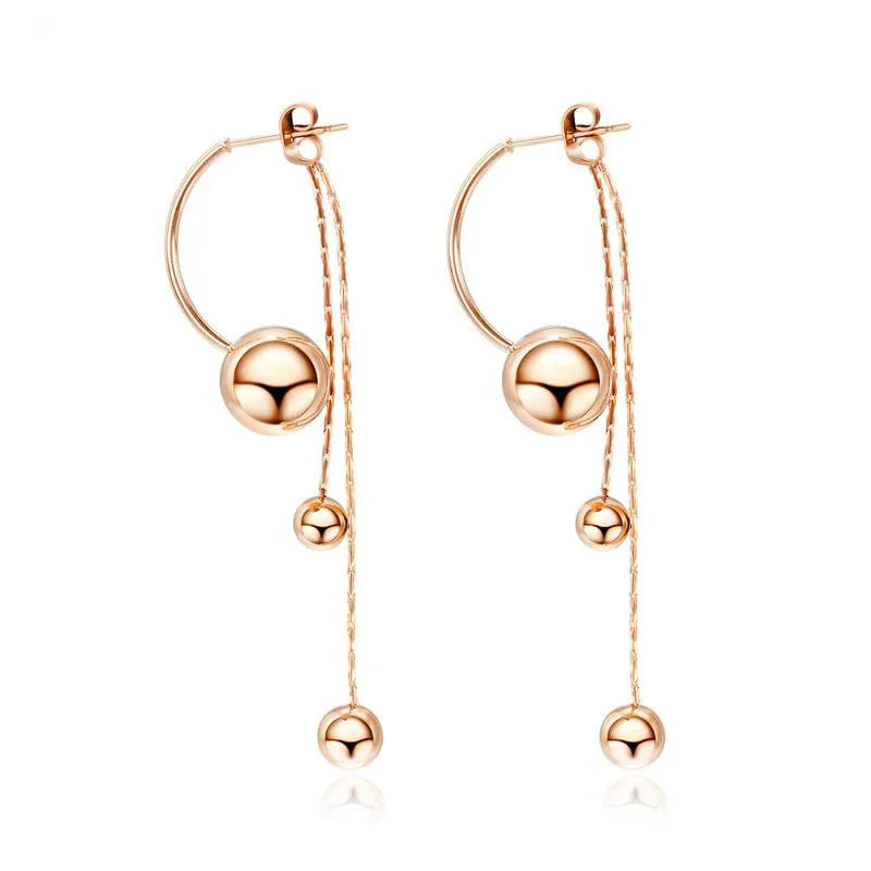 2022 European Fashion Stainless Steel Tassel Bead Earring Rose Gold Glossy Round Bead Earring for Girls