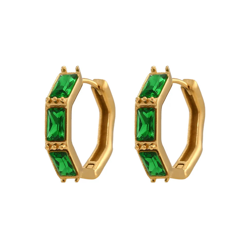Latest Design Women Huggie Hoop White Green Zircon Stainless Steel Bamboo Earrings
