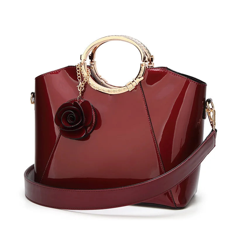 Wholesale Summer Women's Luxury Designer Patent PU Leather Flower Decoration Water Resistant Tote Handbag