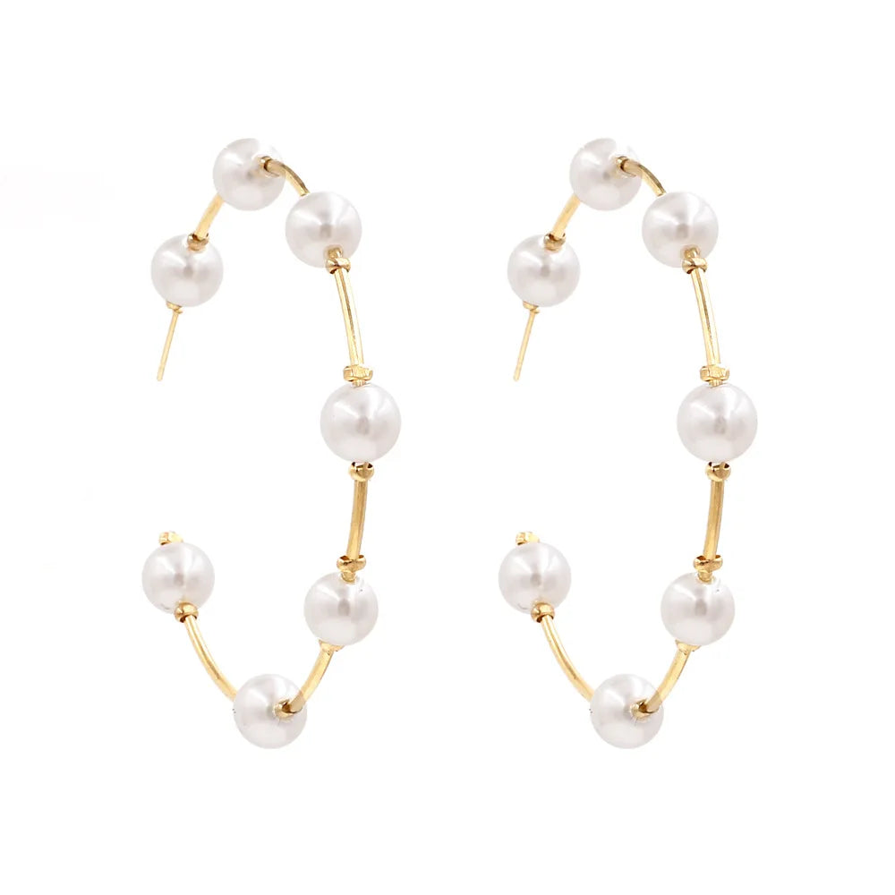 Popular Woman Wholesale Big Geometric C Shape Open Cuff Earring With Small Pearl for Women