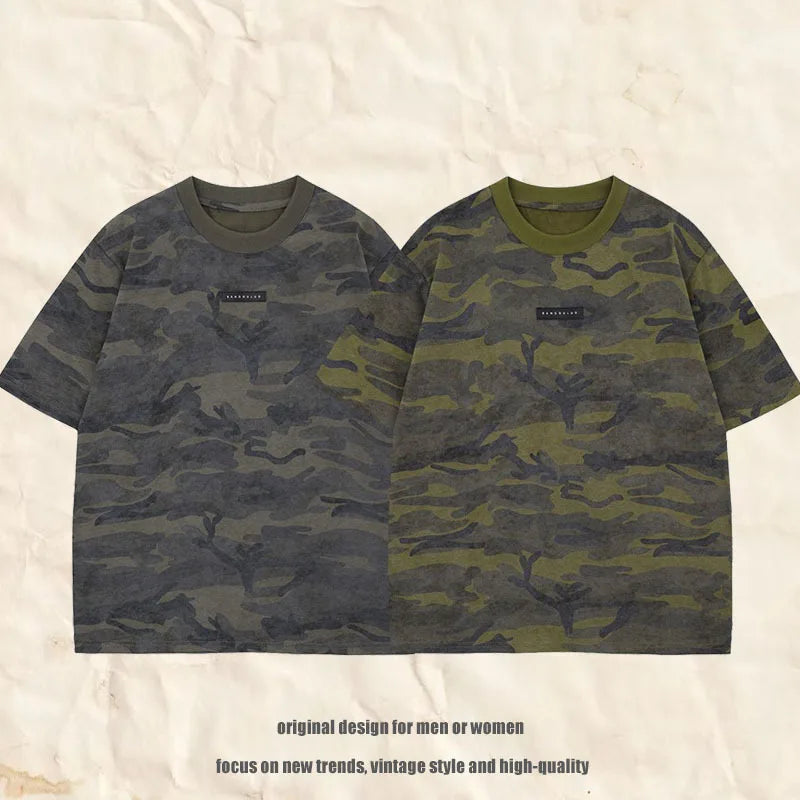 American Retro Brand's Summer Short-Sleeved T-shirt New Loose Trendy Design 100% Cotton Casual Top 240 Grams Washed Anti-Pilling
