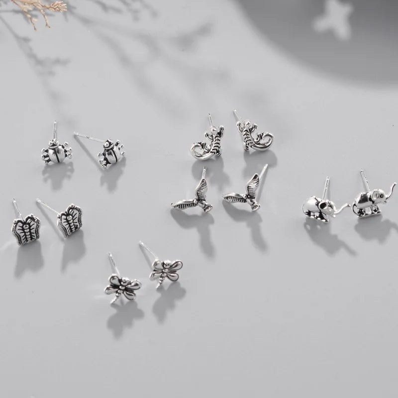 S925 Sterling Silver Women's Earring Retro Simple Korean Fashion Design with Gold Plating Trendy Small Animal Style
