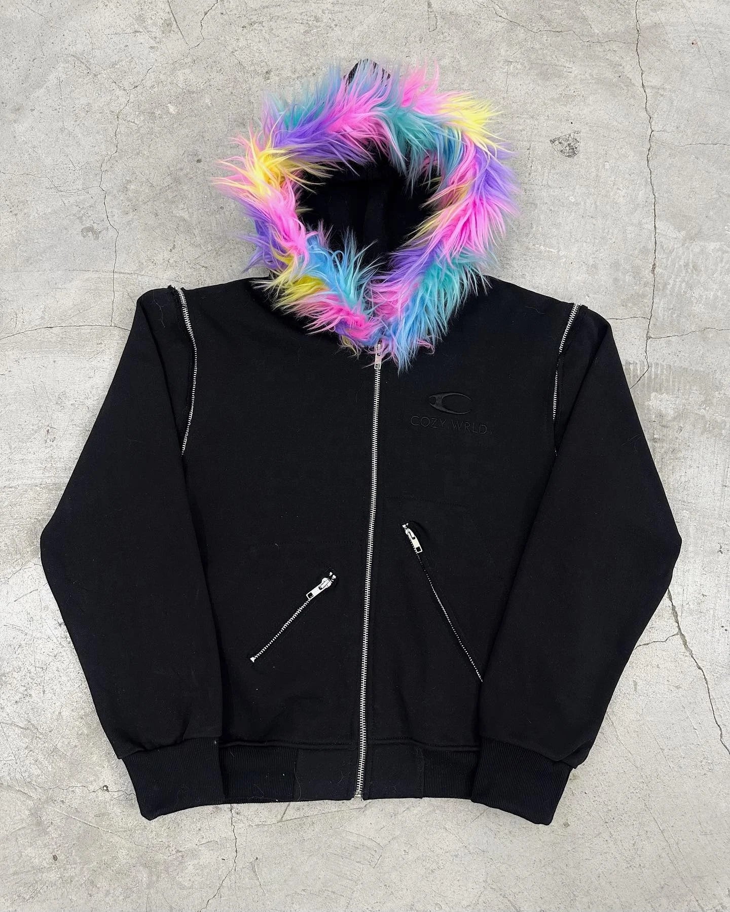 Customized Street Wear Oversized Blank Detachable Sleeve No String Cotton French Terry Zip up Faux Fur Hood Jacket Hoodie Men
