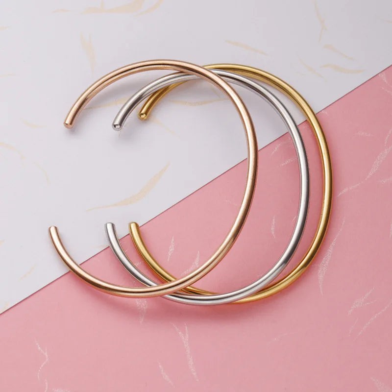 18K Gold Plated Cuff Bangle Bracelet Stainless Steel Open C Shaped Bracelet for Women Men
