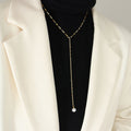 EManco Gold Plated Stainless Steel Vintage Sweater Long Lip Y Shape Chain Necklace with Pearl Women's Jewelry Fashion