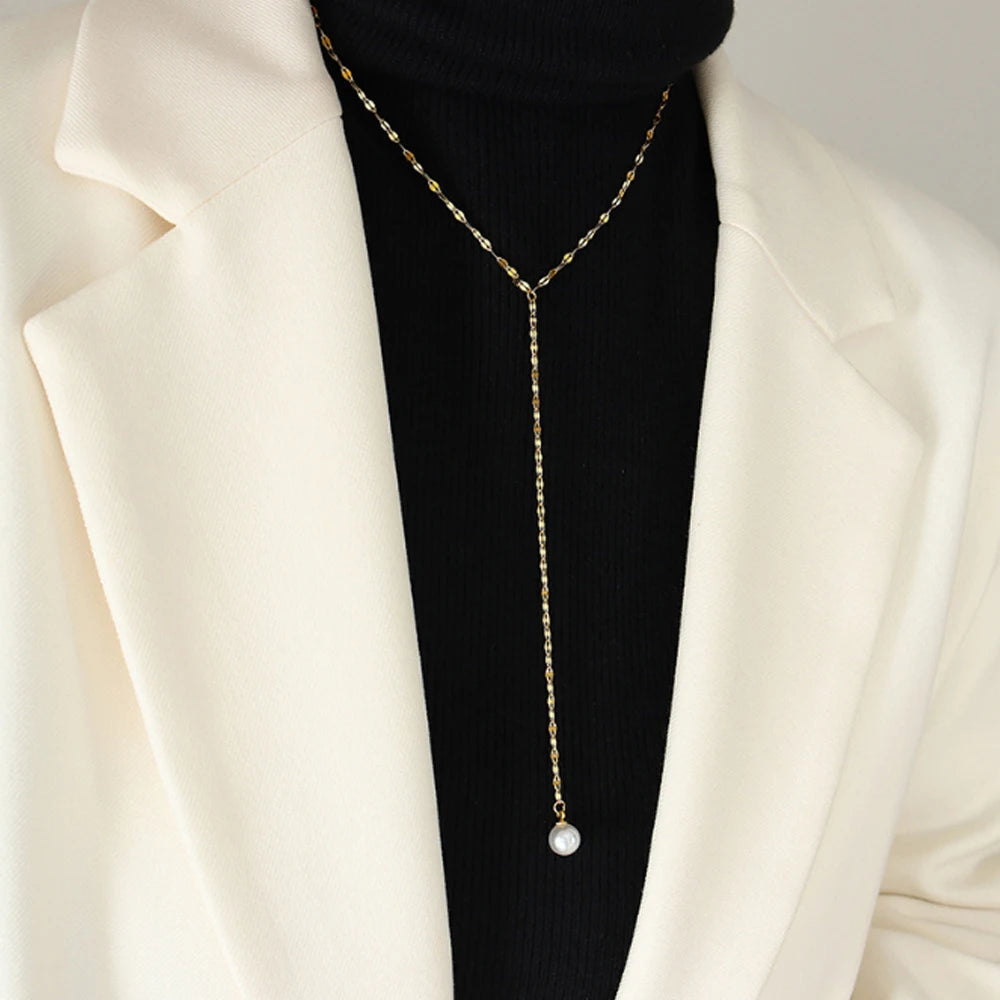 EManco Gold Plated Stainless Steel Vintage Sweater Long Lip Y Shape Chain Necklace with Pearl Women's Jewelry Fashion