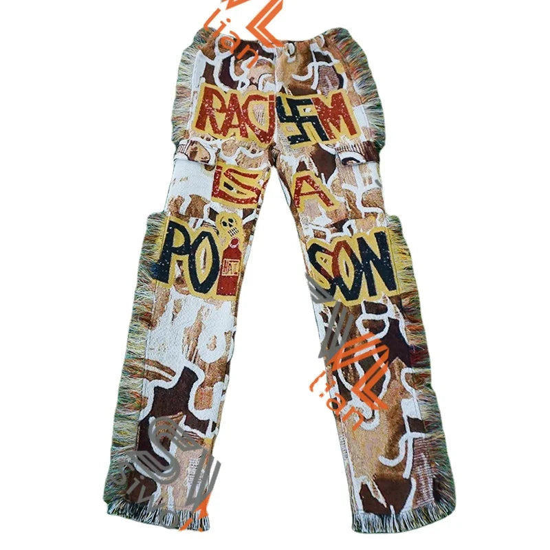 Female Tapestry Pants Wholesale Blanket Pants Custom Plus Size Woman Trousers Jacquard Tapestry Pants With Tassel