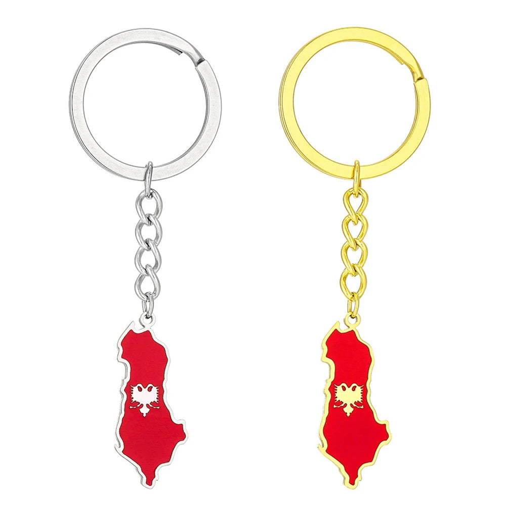 Manufacturer Enameled Albanian Flag Charm Keychain Stainless Steel 18K Gold Plated Enamel Albania Map Pendant Key Chain