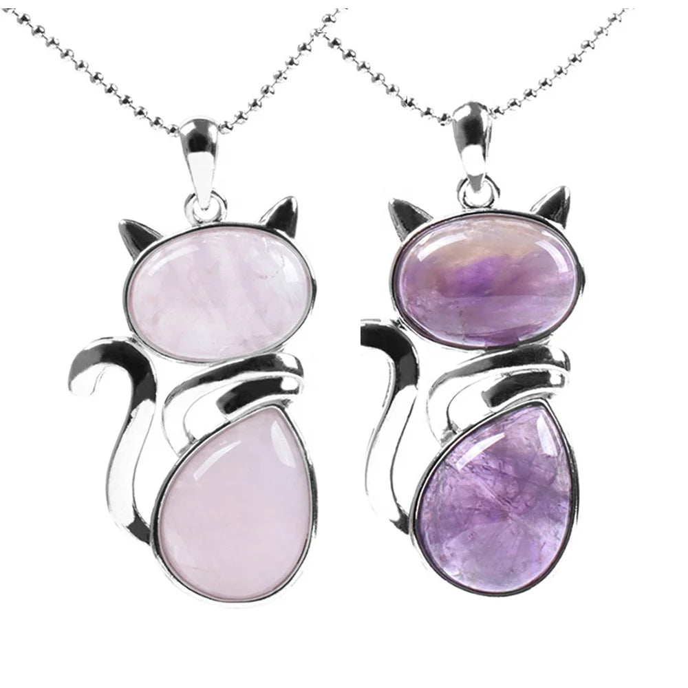 Custom Cute Natural Rose Quartz Stone Cat Gemstone Pendant Silver Women Necklace Jewelry for Women