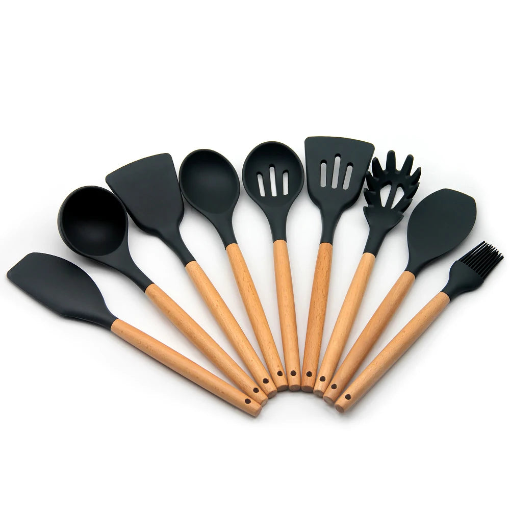 Kitchen Gadgets Cookware Sets Factory Price Heat Resistant Black Color 9 Piece Silicone Eco-friend Kitchen Utensil