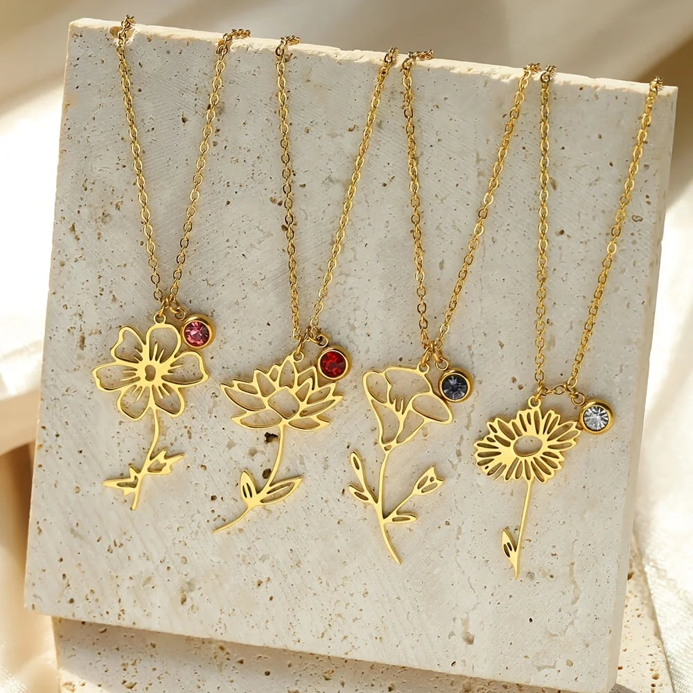 Women 12 Months Birth Flower Necklace Gold Birthstone Rhinestone Bouquet Pendant 18K Gold Plated Floral Necklace Jewelry