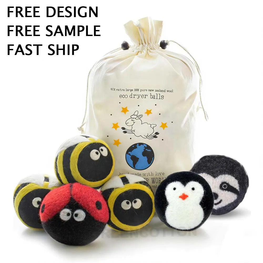 Custom Logo Eco-friendly Wool Balls Wool Dryer Balls Laundry Felted Balls Fabric Softening Dryer Balls Cartoon Wool Balls