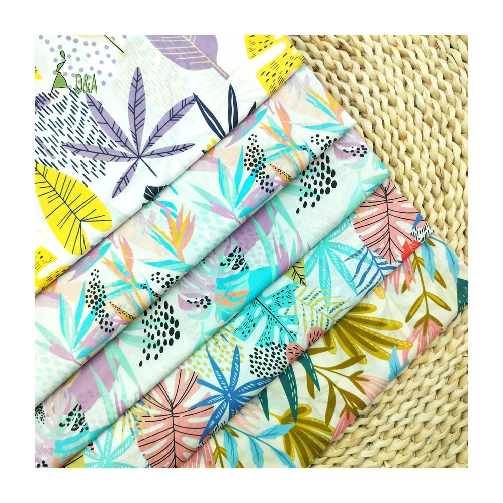 Low MOQ Woven Poplin Lightweight Organic Eco-Friendly Tropical Leaves Printed 100% Cotton Fabric for Girls Boys Summer Shirts