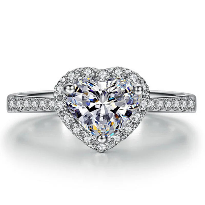 Silver Plated Zircon Heart-Shaped Wedding Ring for Women Micro-Inlaid Gemstone Romantic Alloy Wholesale