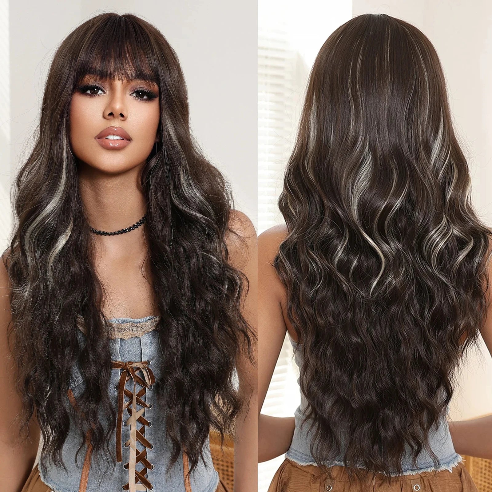 Long Curly Wavy Dark Brown Mixed Blonde Synthetic Wigs with Bangs for Women Afro Brown Wigs Natural Cosplay Daily Heat Resistant