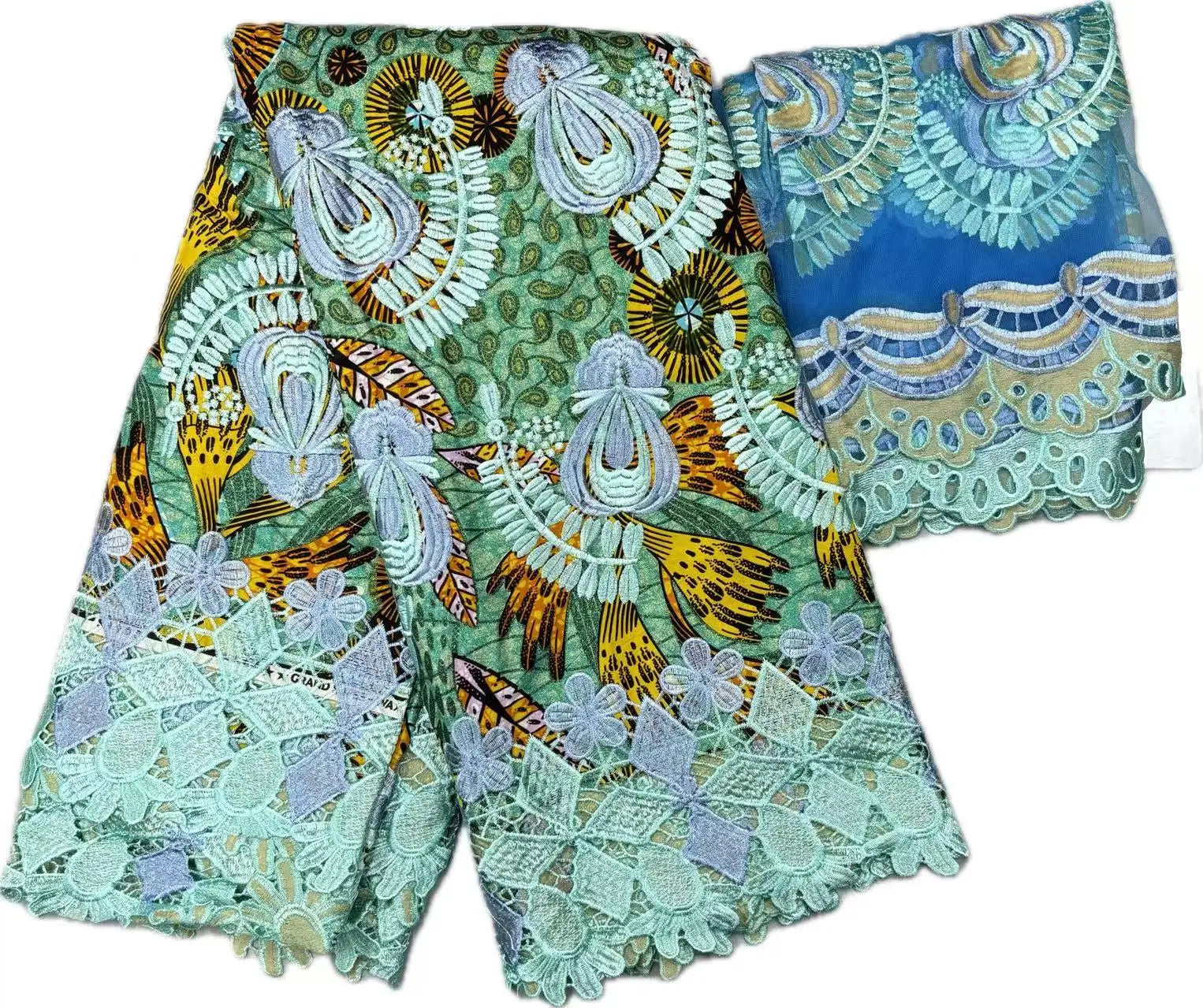 New Stock Nigerian Guipure Lace Fabric in Light Blue Floral Ankara/Wax Print Pattern 3D Lace with a Matching Scarf Fabric Piece
