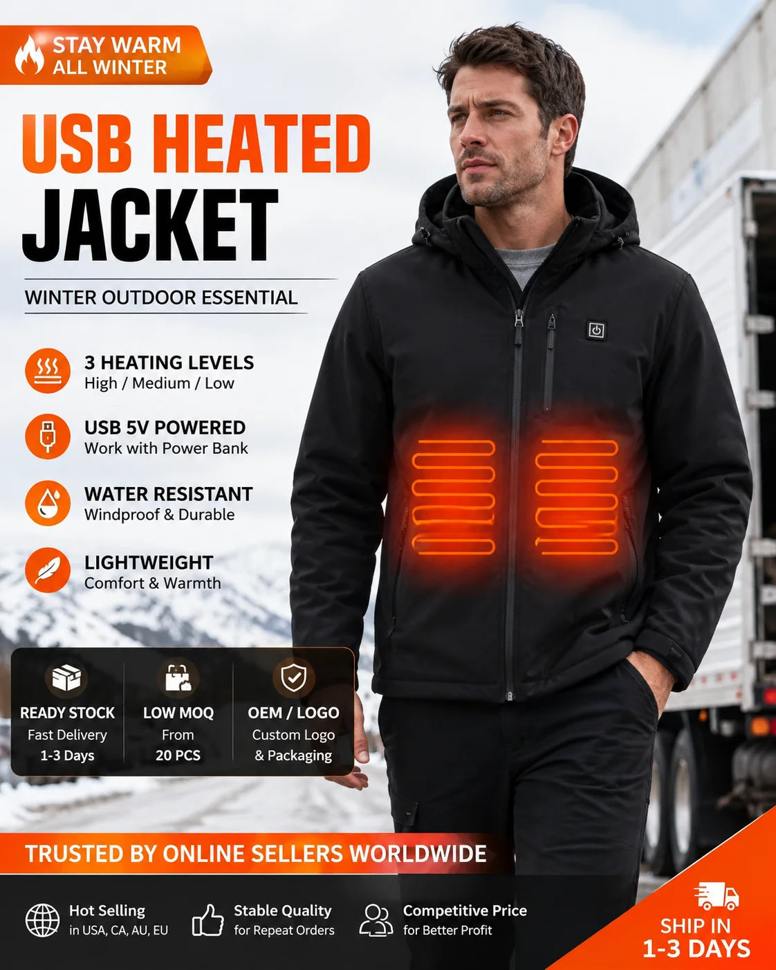 Heated Tech Jacket Heated Wholesale Winter Windbreaker Waterproof Plain Hardshell Black Men Heated Jacket