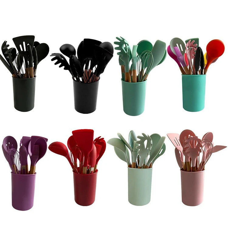 Hot Sale 12pcs Kitchen Accessories Silicone Spatula Cooking Tools Kitchen Utensils Set with Wooden Handle