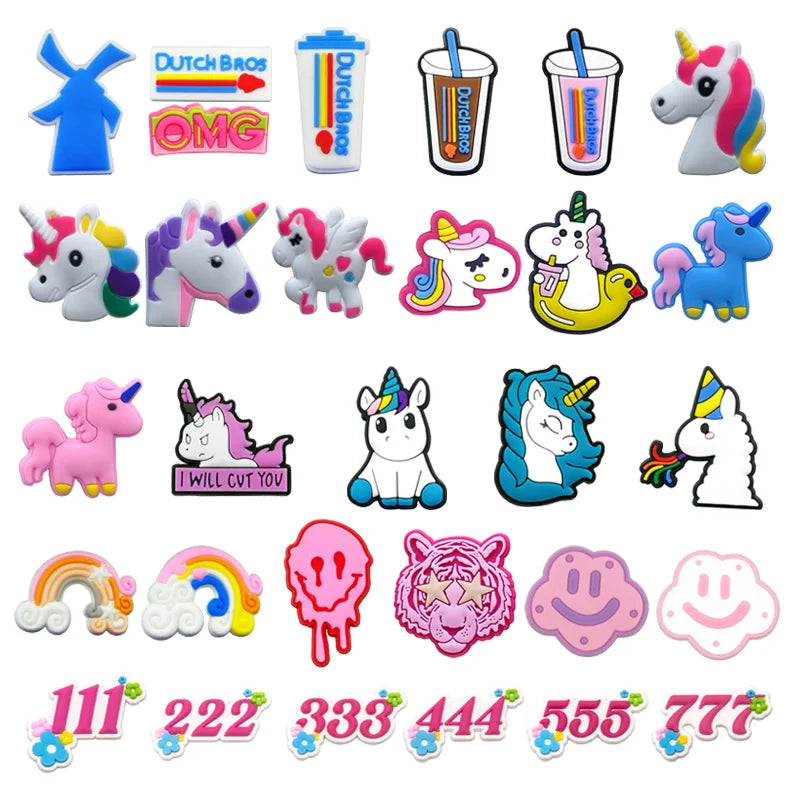 Customized Wholesale Cute 2D Diy Clog Sandal Accessories Dutch Bros Shoes Decorations Number rainbow Unicom Shoe Charms for Kids