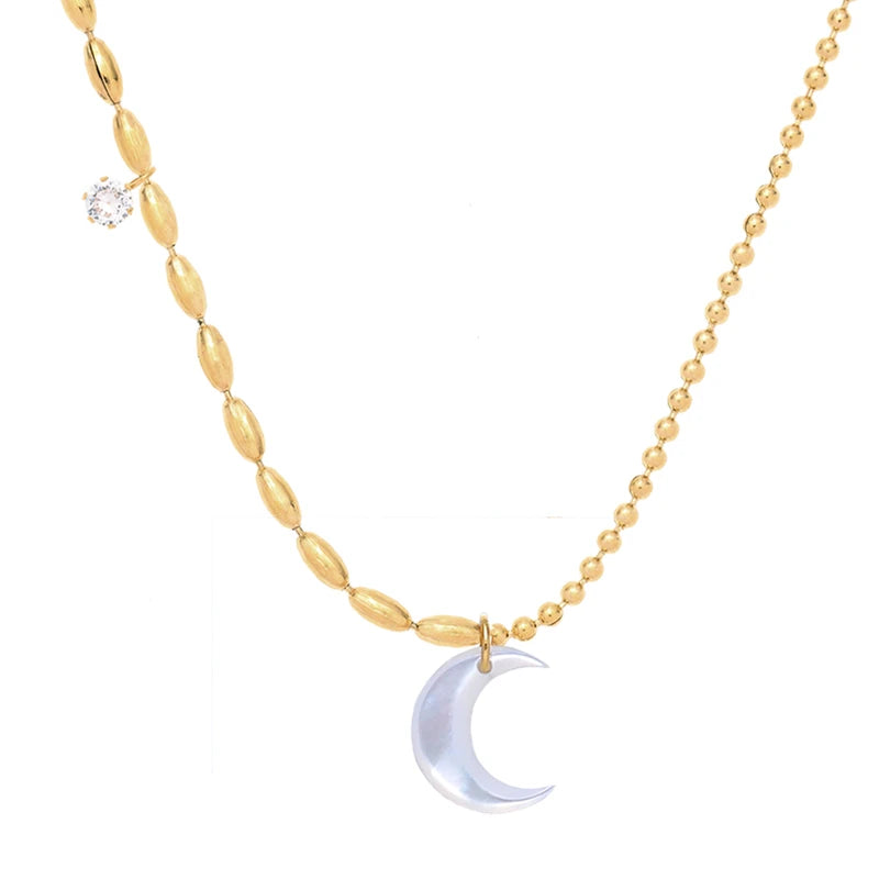 MICCI PVD 18K Gold Plated Stainless Steel Jewelry White Shell Moon Charm Pendant Necklace With Beads Chain